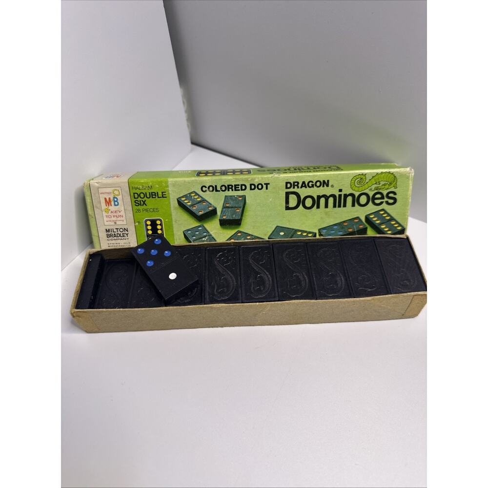 Vintage Double Six Dragon Dominoes 1970 Colored Dots Set 28 Pieces Set In Box